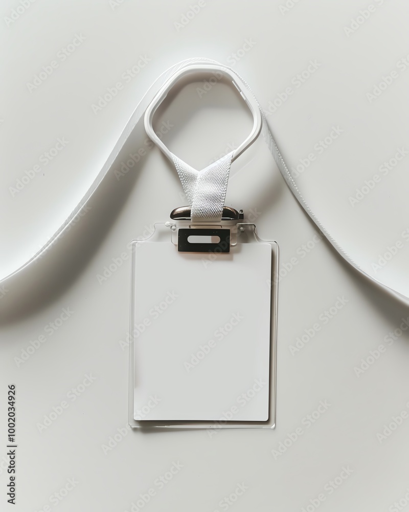 Fototapeta premium Blank ID badge with white lanyard on neutral background, ideal for corporate events, conferences, or identification purposes.