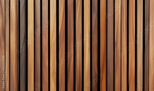  Wooden wall made of vertical panels. Line slats made of wood for a modern interior. Timber planks for cladding facades or fences. Material for cladding in construction. 