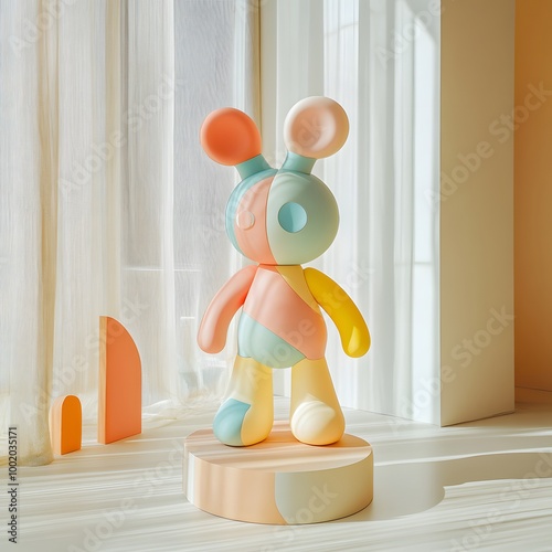 34. Art toy figure with a whimsical design and bright pastel colors standing in a light-filled room â€“ar 16:9