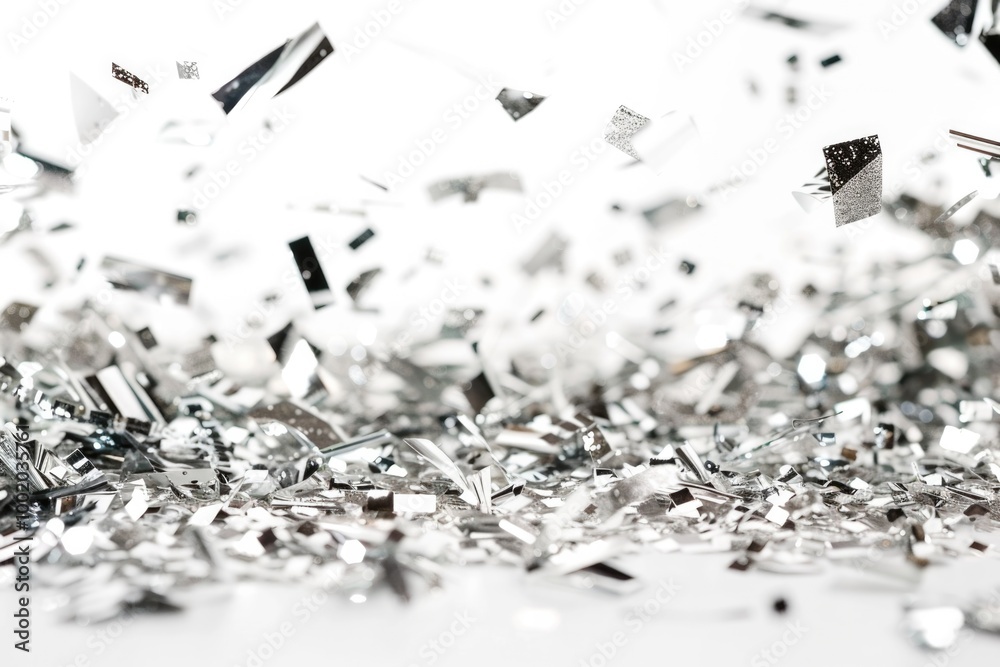 White Confetti. Festive Party Decoration with Shimmering Metallic Silver Confetti Over White Background White Confetti. Festive Party Decoration with Shimmering Metallic Silver Confetti Over White Background