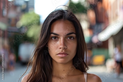 Woman Face Serious. Portrait of Young Hispanic Woman with Serious Expression in New York City