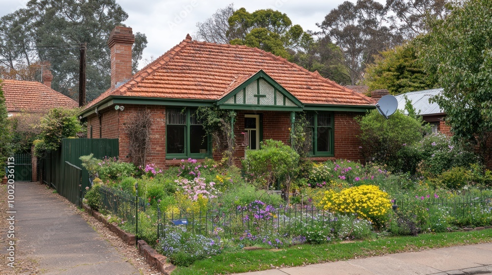 A charming brick house surrounded by a colorful garden and trees. A charming brick house surrounded by a colorful garden and trees.