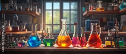 Glass beakers with vibrant liquids lined up in a science lab.