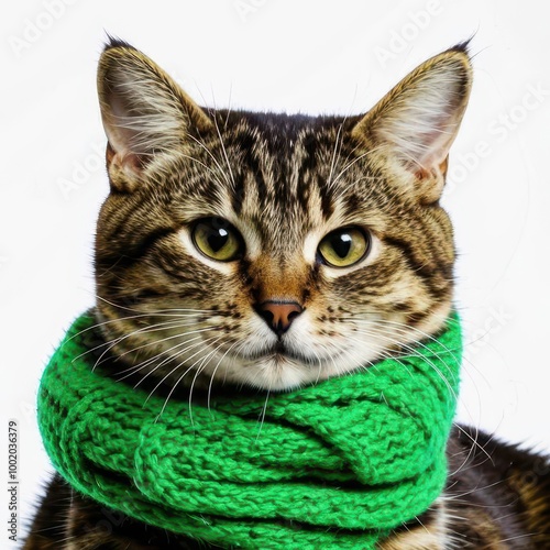 A cat with a green scarf on a white background