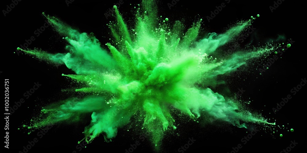 Fototapeta premium Explosion of green powder on black background , powder, dust, green, splash, fume, abstract, festive, explode, particles