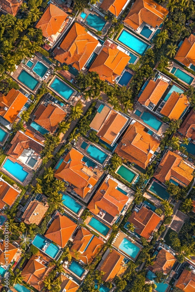 Aerial view of a residential area with pools and orange-roofed houses surrounded by greenery. Aerial view of a residential area with pools and orange-roofed houses surrounded by greenery.