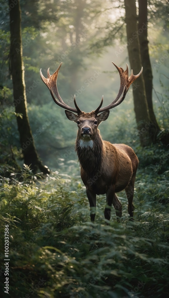Single deer walking through misty forest Single deer walking through misty forest