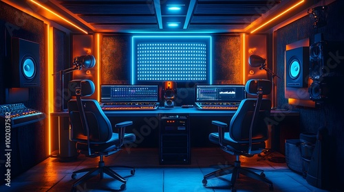 Futuristic podcast setup featuring two metallic chairs and glowing blue LED microphones, surrounded by a high-tech control panel. Dark background with soft lighting adds