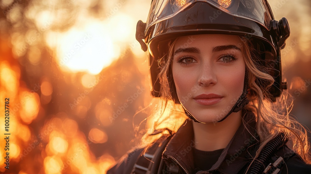 A brave firefighter stands confidently against a backdrop of flames at sunset while preparing for a rescue mission in her community A brave firefighter stands confidently against a backdrop of flames at sunset while preparing for a rescue mission in her community