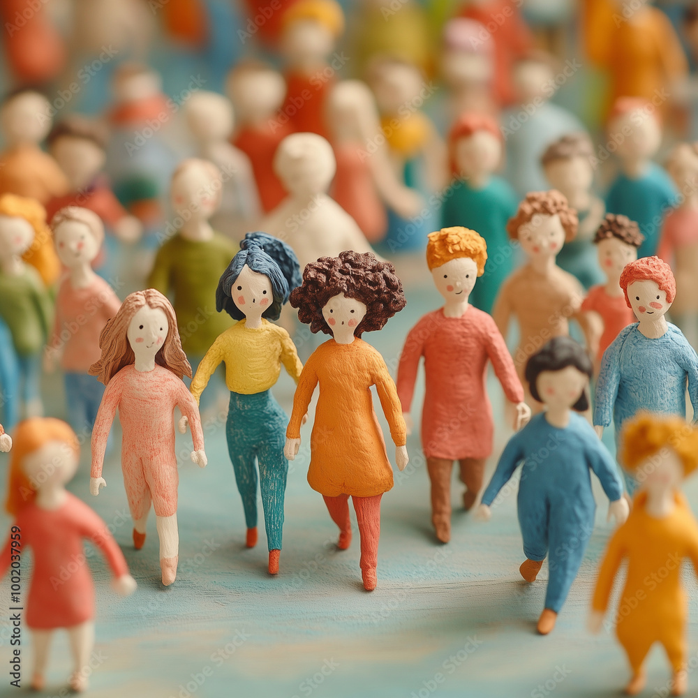 Obraz premium A group of people are walking down a street, some of them are holding hands. The scene is lively and full of energy, with people of different ages and colors. Scene is cheerful and positive