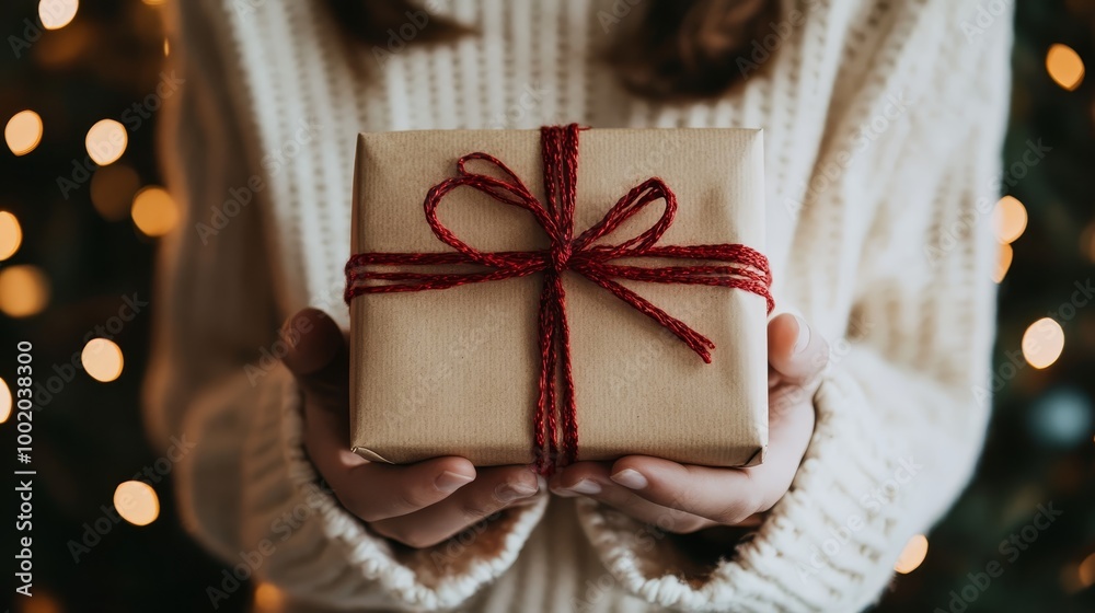 Closeup of Hands Holding Wrapped Gift with Red Ribbon Closeup of Hands Holding Wrapped Gift with Red Ribbon