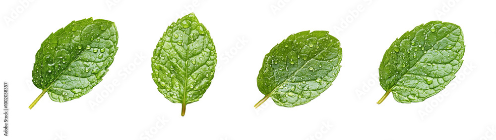 Wet mint leaves in a row, created with Generative AI technology, PNG Wet mint leaves in a row, created with Generative AI technology, PNG