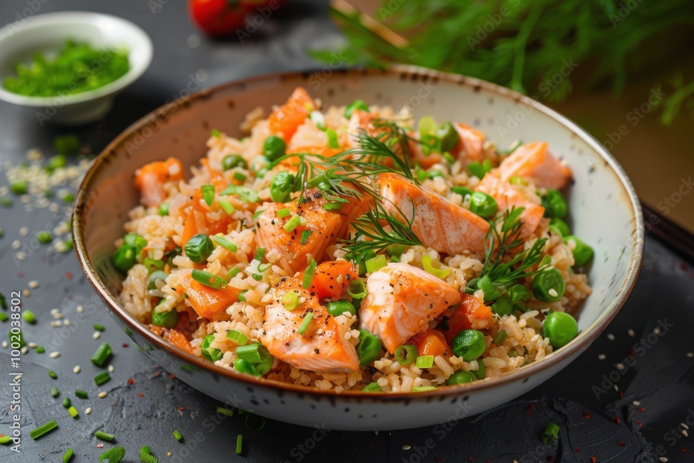 Delicious salmon fried rice with peas and fresh herbs in a rustic bowl for a healthy meal
Delicious salmon fried rice with peas and fresh herbs in a rustic bowl for a healthy meal