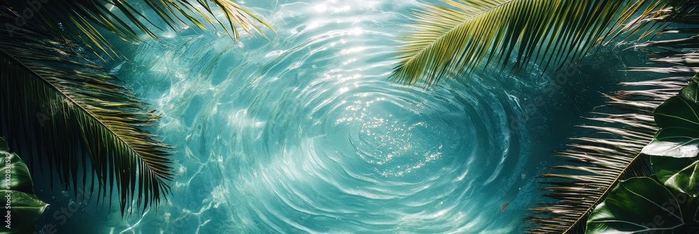 Tranquil Blue Water with Palm Leaves Above Tranquil Blue Water with Palm Leaves Above