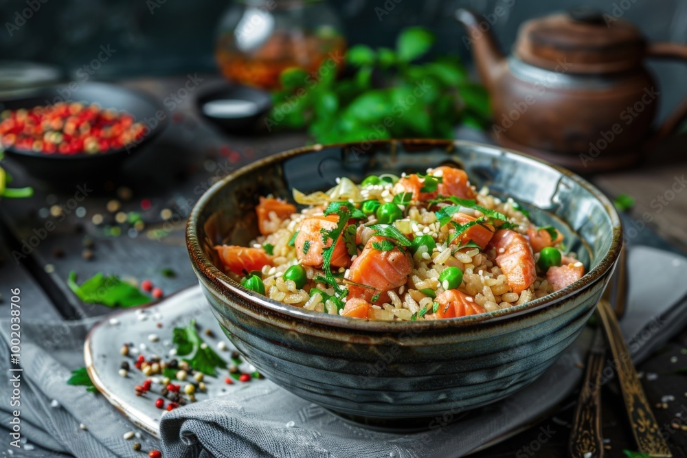 Rustic salmon fried rice served with chopsticks on a wooden table, garnished with green onions and sesame seeds Rustic salmon fried rice served with chopsticks on a wooden table, garnished with green onions and sesame seeds