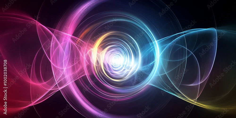 Abstract colorful light waves creating a swirling, hypnotic pattern on a dark background. Abstract colorful light waves creating a swirling, hypnotic pattern on a dark background.