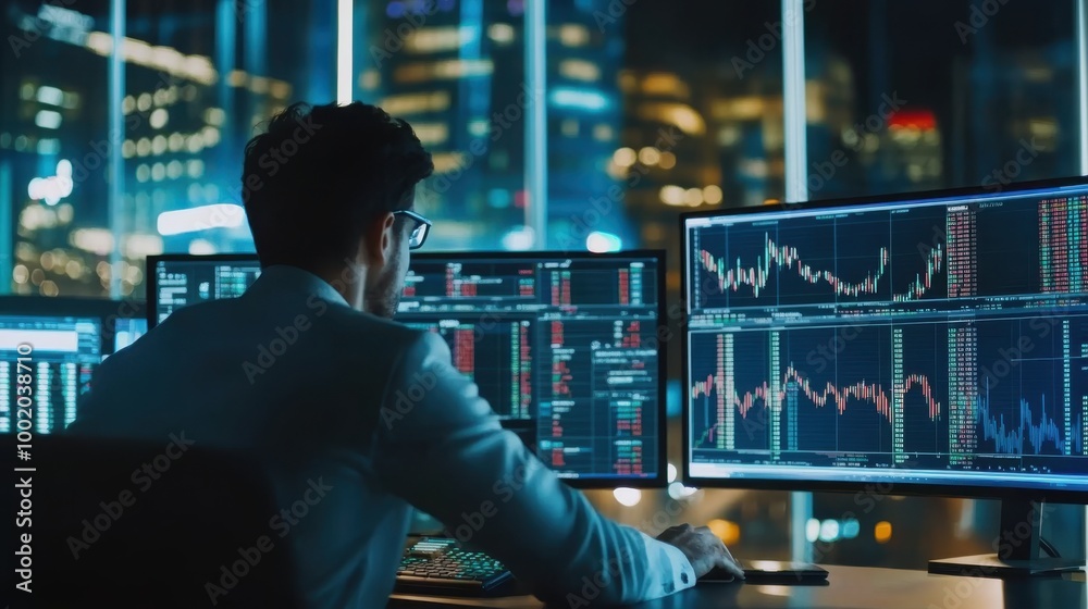 stock trader in a modern office at night, focused on multiple screens displaying financial market charts and data, with a city skyline visible through the windows. stock trader in a modern office at night, focused on multiple screens displaying financial market charts and data, with a city skyline visible through the windows.