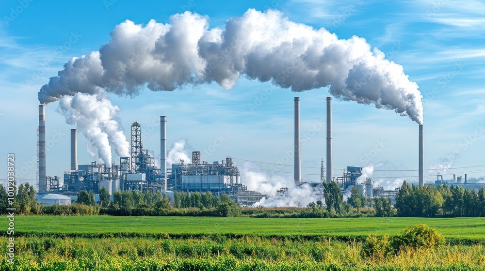 A factory emitting smoke into the sky, surrounded by greenery and blue skies. A factory emitting smoke into the sky, surrounded by greenery and blue skies.