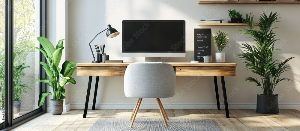 A modern home office with a wooden desk, a grey chair, a computer, and plants. A modern home office with a wooden desk, a grey chair, a computer, and plants.