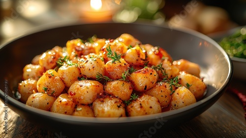 Deliciously seasoned gnocchi served in a rustic bowl, highlighted by warm lighting in a cozy kitchen setting