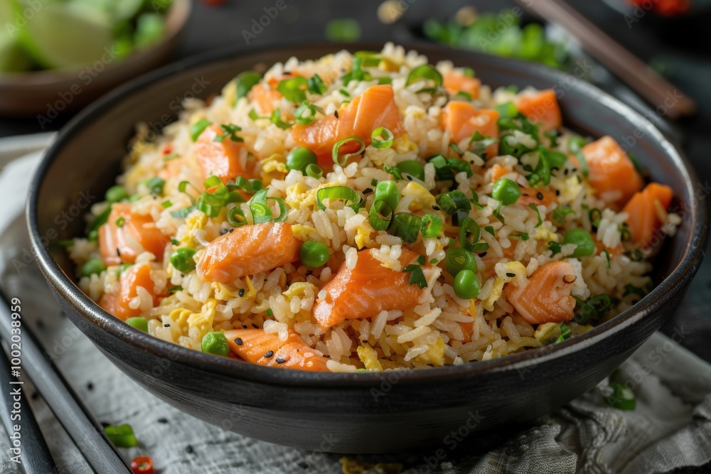 Rustic salmon fried rice served with chopsticks on a wooden table, garnished with green onions and sesame seeds Rustic salmon fried rice served with chopsticks on a wooden table, garnished with green onions and sesame seeds