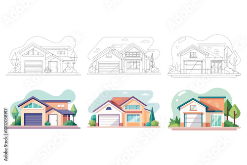 Houses, villas and mansion real estate building icons. Luxury bungalow, modern cottage and contemporary house buildings facade with porch, pitched roof and garage flat vector. Suburban townhouse
