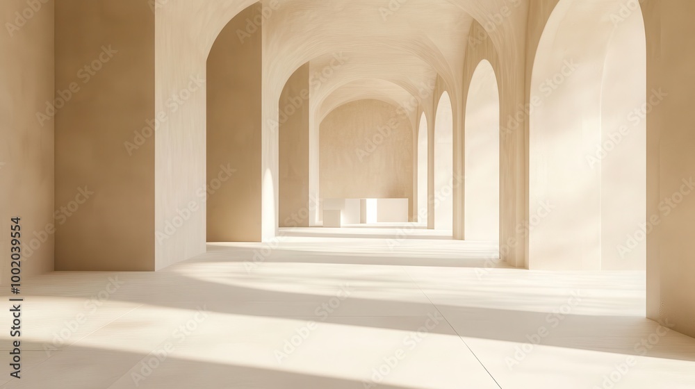 Naklejka premium Mock up frame in a calm, empty exhibition hall with soft sand-colored walls and smooth white floors