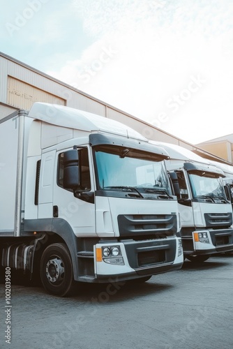 A row of white trucks parked in an industrial area, ready for transportation tasks.