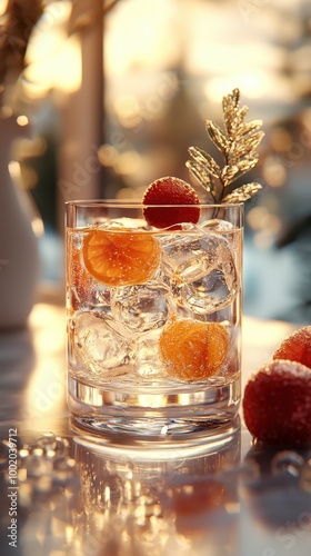 Refreshing cocktail with citrus fruits and ice served in a clear glass during golden hour sunlight