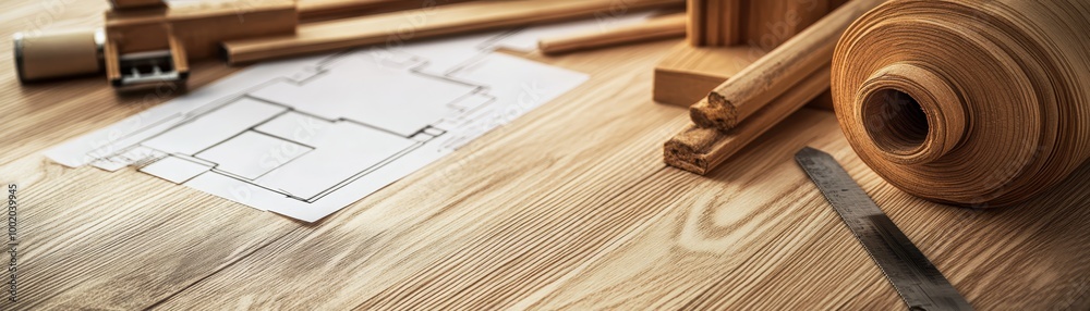 Fototapeta premium Wooden Construction Materials and Blueprint on Table