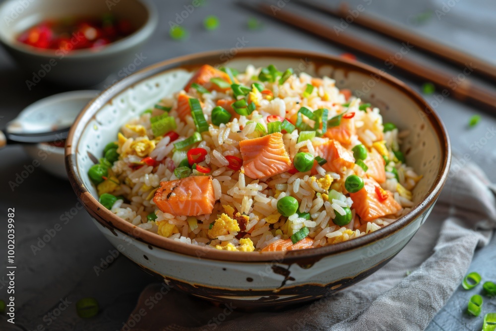 Delicious bowl of vegetable fried rice with fresh herbs and sesame seeds for a healthy Asian meal Delicious bowl of vegetable fried rice with fresh herbs and sesame seeds for a healthy Asian meal