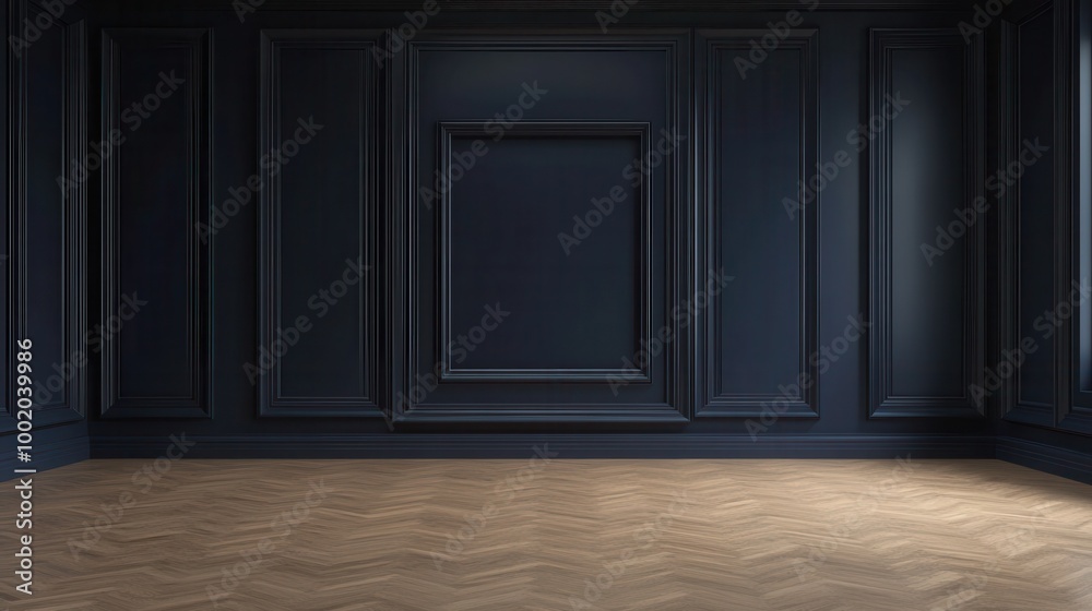 Mock up frame in a minimalist empty exhibition space with deep navy walls and sleek wooden floors, no furniture or decorations, 3D render Mock up frame in a minimalist empty exhibition space with deep navy walls and sleek wooden floors, no furniture or decorations, 3D render