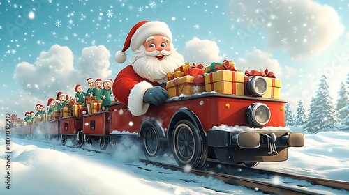 A festive Santa Claus driving a train loaded with toy cars, happy elves, and wrapped presents, snow covering the tracks, snowflakes swirling, cute cartoon style, bright holiday colors,