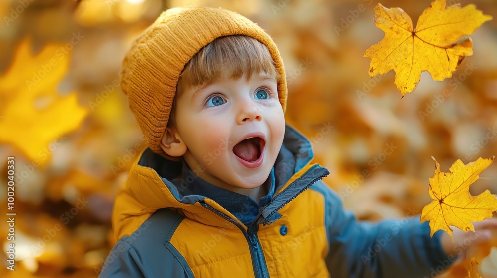 A joyful young child in a yellow hat and blue jacket is reaching for falling autumn leaves against a backdrop of golden foliage. A joyful young child in a yellow hat and blue jacket is reaching for falling autumn leaves against a backdrop of golden foliage.
