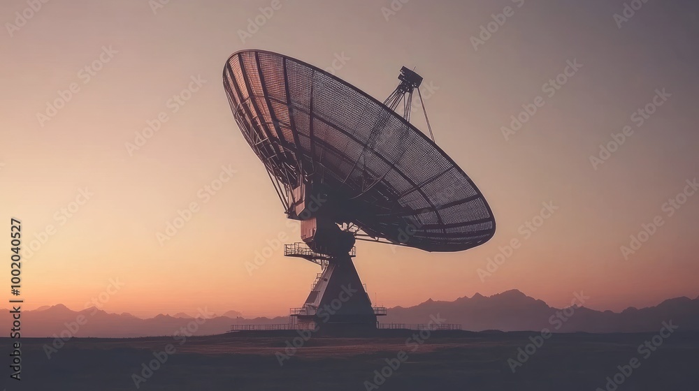 A large satellite dish silhouetted against a sunset, used for communication and research. A large satellite dish silhouetted against a sunset, used for communication and research.