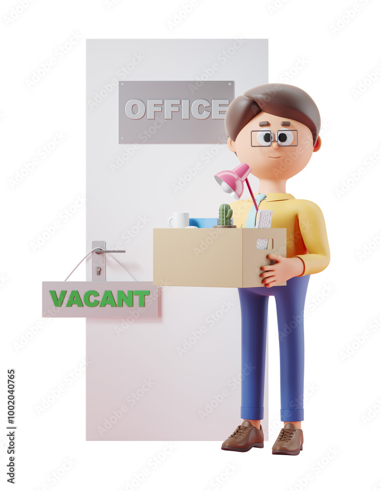 Cartoon character holding a box with personal items, standing in front of an office door with a vacant sign. 3D Rendering, isolated on a white background.