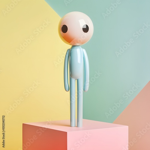 42. Art toy figure with a playful design and soft pastel colors standing on a modern platform â€“ar 16:9 photo