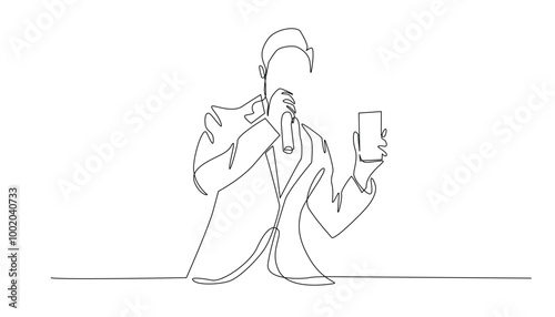 continuous line drawing of man pointing at mobile phone screen.drawing one line vector.isolated white background