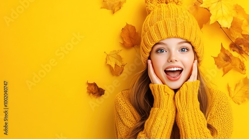A joyful woman in a yellow beanie and sweater surrounded by autumn leaves, against a vibrant yellow background, exuding the essence of fall.