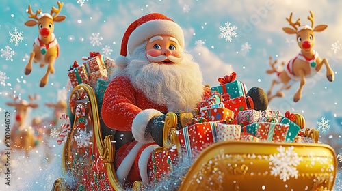 A playful pattern of Santa Claus riding a sleigh with gifts, reindeer flying around, surrounded by snowflakes and candy canes, cute cartoon characters, pastel tones, joyful and lighthearted design,