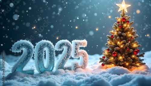 Happy new year 2025 ice effect with Christmas tree and falling snowflakes