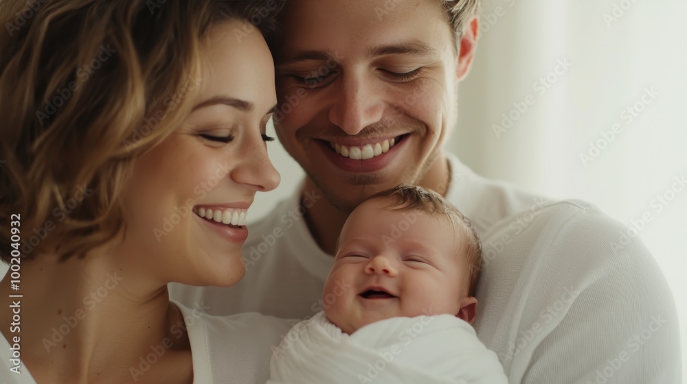 A joyful family moment featuring a couple smiling at their newborn baby, radiating love and happiness in a warm, light-filled setting. A joyful family moment featuring a couple smiling at their newborn baby, radiating love and happiness in a warm, light-filled setting.