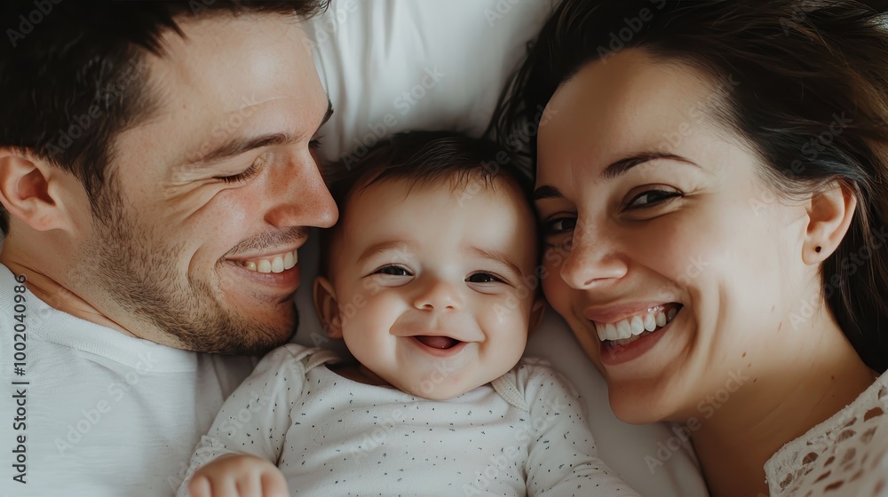 A joyful family portrait featuring a smiling baby nestled between a happy couple, showcasing love and togetherness. A joyful family portrait featuring a smiling baby nestled between a happy couple, showcasing love and togetherness.