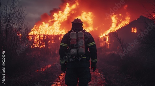 A firefighter battling a raging inferno at dusk in a devastated rural area, working to protect the remaining structures from flames