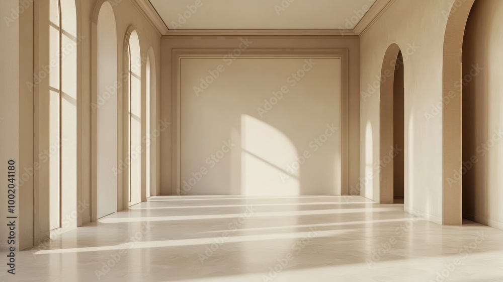 Fototapeta premium Mock up frame in a spacious exhibition room with light taupe walls and smooth white floors