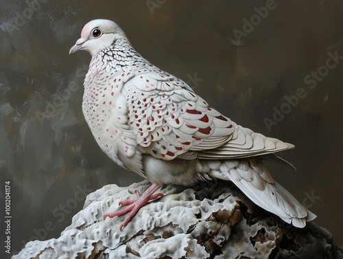 White Dove with Red Spots Perched on a Rock photo