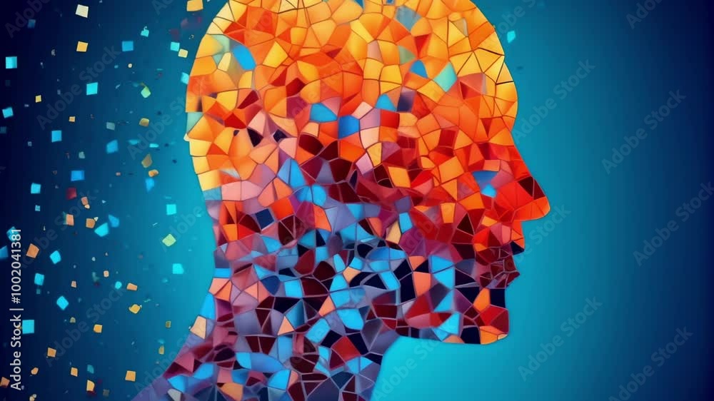 Abstract human head profile composed of colorful geometric shapes ...