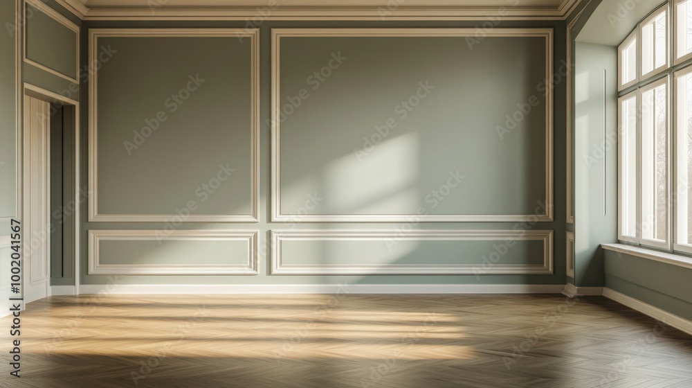 Mock up frame in an empty exhibition space with pale olive walls and sleek wooden floors Mock up frame in an empty exhibition space with pale olive walls and sleek wooden floors