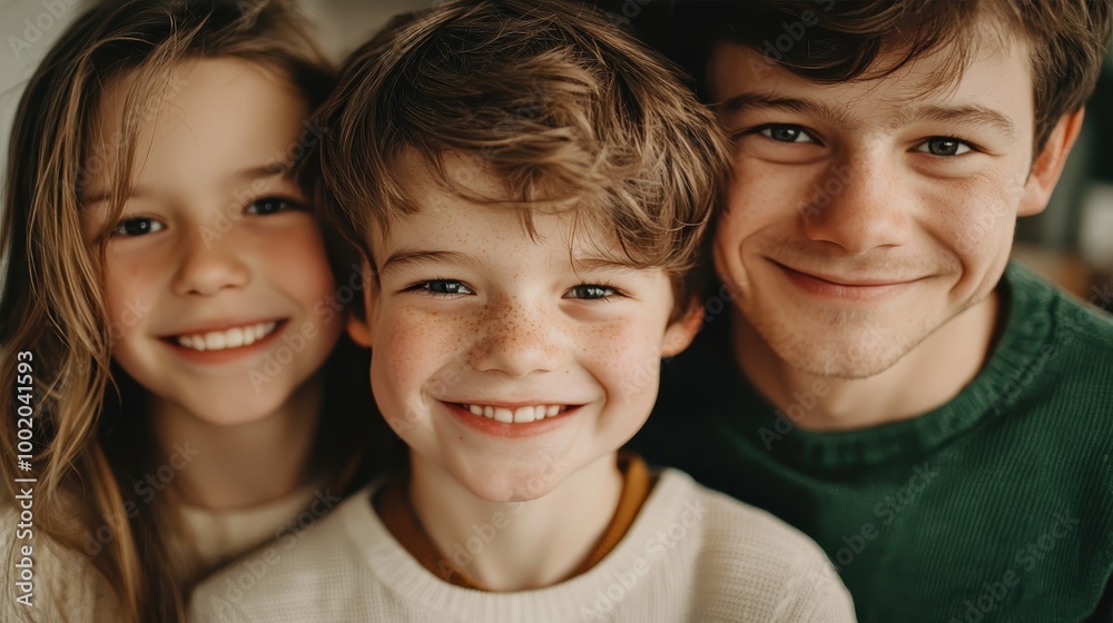 A warm, joyful portrait of three smiling children, showcasing their close bond and happiness in a cozy setting. A warm, joyful portrait of three smiling children, showcasing their close bond and happiness in a cozy setting.