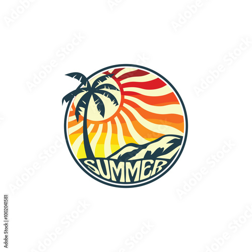 Summer beach sticker with a surfer theme. Emblem with sea wave surfboard and palm tree. Sticker or label or t-shirt print, emblem.
